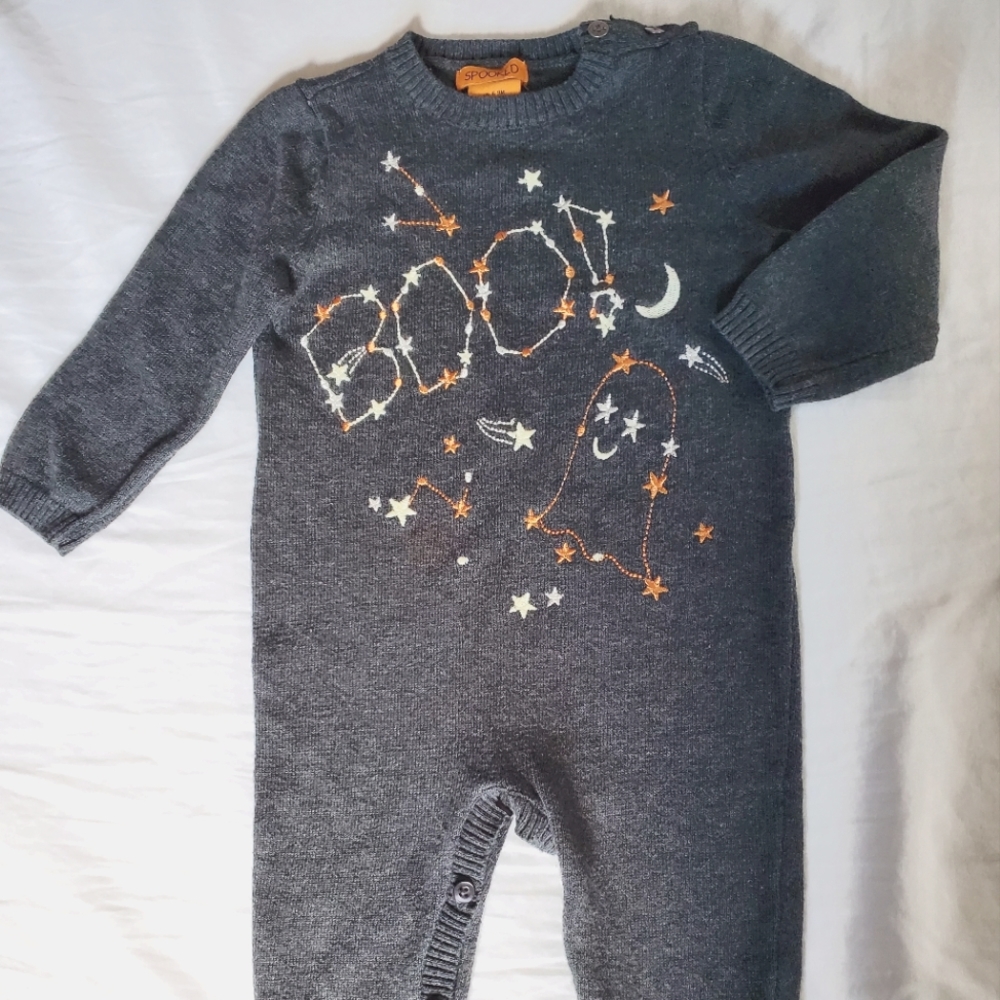 SPOOKED Boo Ghost Embroidered Gray Halloween Romper Jumpsuit /Cotton